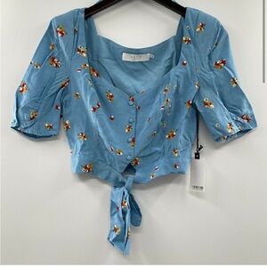 ASTR The Label Faye Crop Top Tie Front Button Down Shoulder Pads Sky Blue